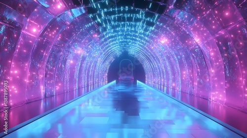 Wallpaper Mural Neon light corridor background. Abstract led and laser stage in futuristic club room. Empty dance concert hall for fashion party. Cyber interior bg with catwalk and glow line in pink and blue Torontodigital.ca