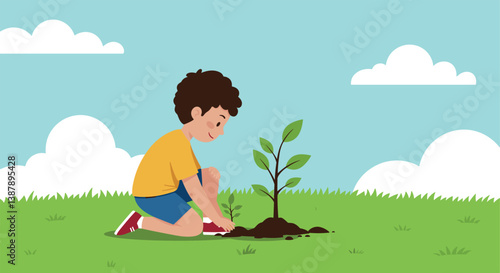 Child planting young tree in park under clear sky, side view