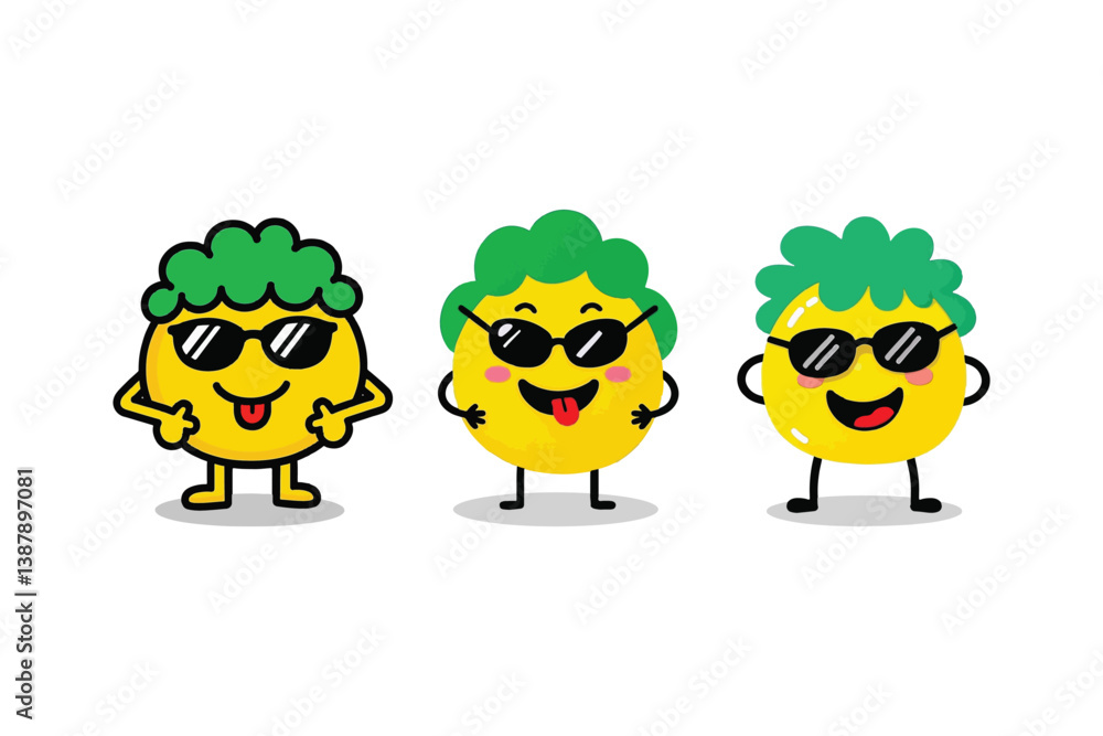 Obraz premium Cool Citrus Trio: Sunglasses-Wearing Yellow Characters with Green Hair, Playful Vector Illustration on White Background, Fun Fruit Art Design.