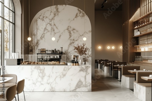 A luxurious modern cafe with a marble cooking island, cozy seating areas, and a clean mockup wall