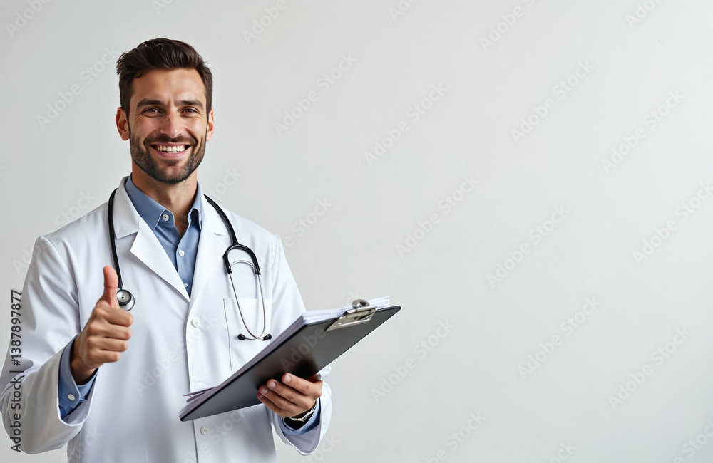 Smiling doctor in white coat with stethoscope holds clipboard. Shows thumb up gesture. Positive medical test results. Healthcare pro in clinic. Isolated on white background with copy space for text. Smiling doctor in white coat with stethoscope holds clipboard. Shows thumb up gesture. Positive medical test results. Healthcare pro in clinic. Isolated on white background with copy space for text.