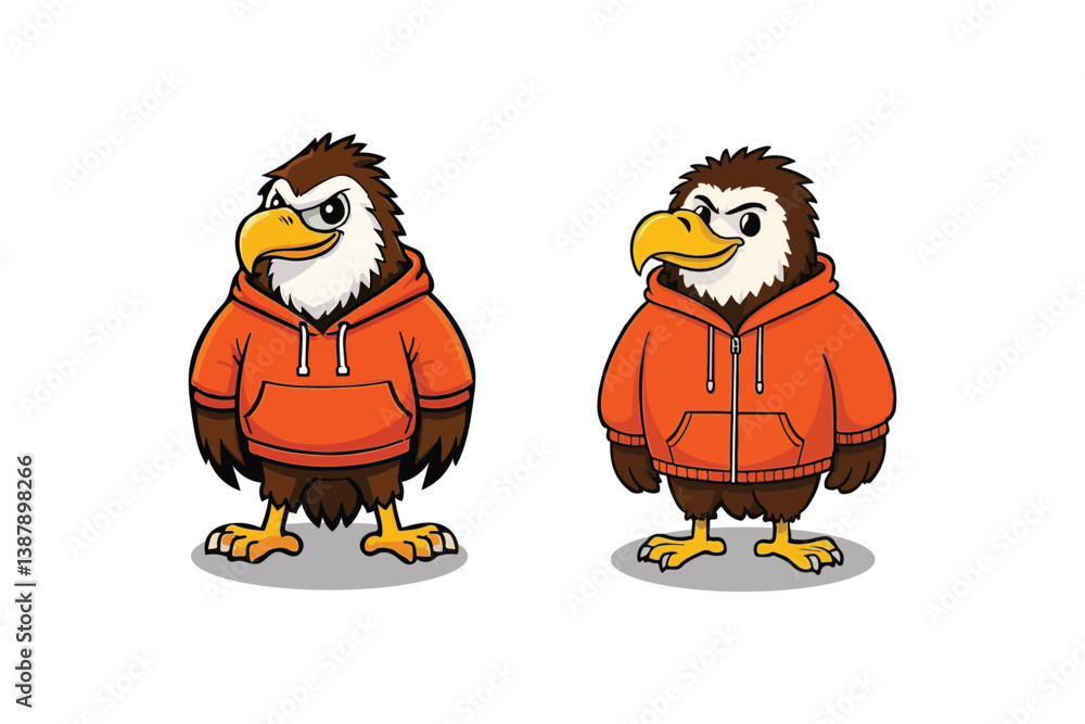 Fototapeta premium Hooded Eagle Duo: Cartoon Birds with Orange Apparel, Standing Adorably on White, Vector Illustration with Playful Design.