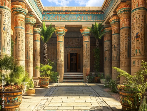 luxurious, photorealistic scene of an Egyptian palace courtyard, featuring intricate hieroglyphics