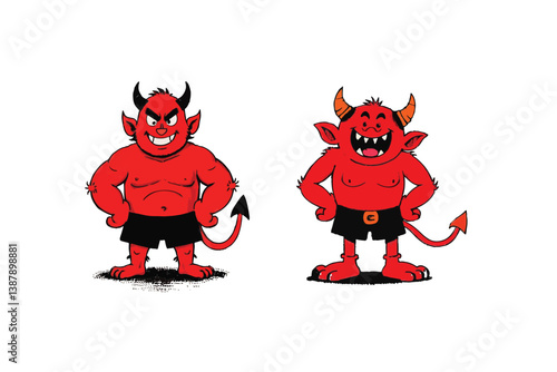 Twin Crimson Devils: Playful Cartoon Imps with Horns and Tails, Standing Side by Side on White, Vector Illustration Design.