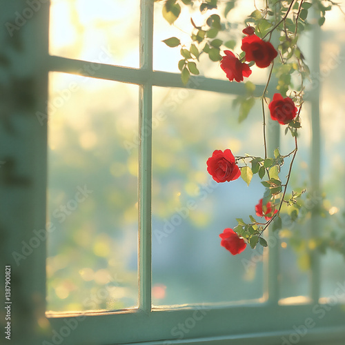  vibrant red roses around a window,