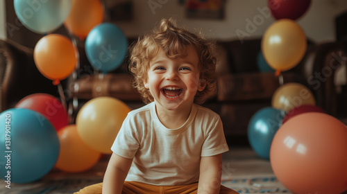 a child joyfully playing with helium balloons at their birthday party