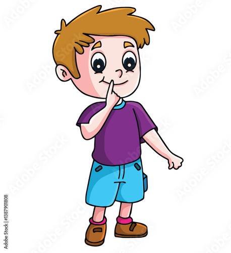 Cute cartoon hand drawn vector young boy with finger on lips making the silence clipart .