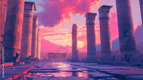 scene featuring hieroglyphics on palace walls, rendered with vibrant hues,temple