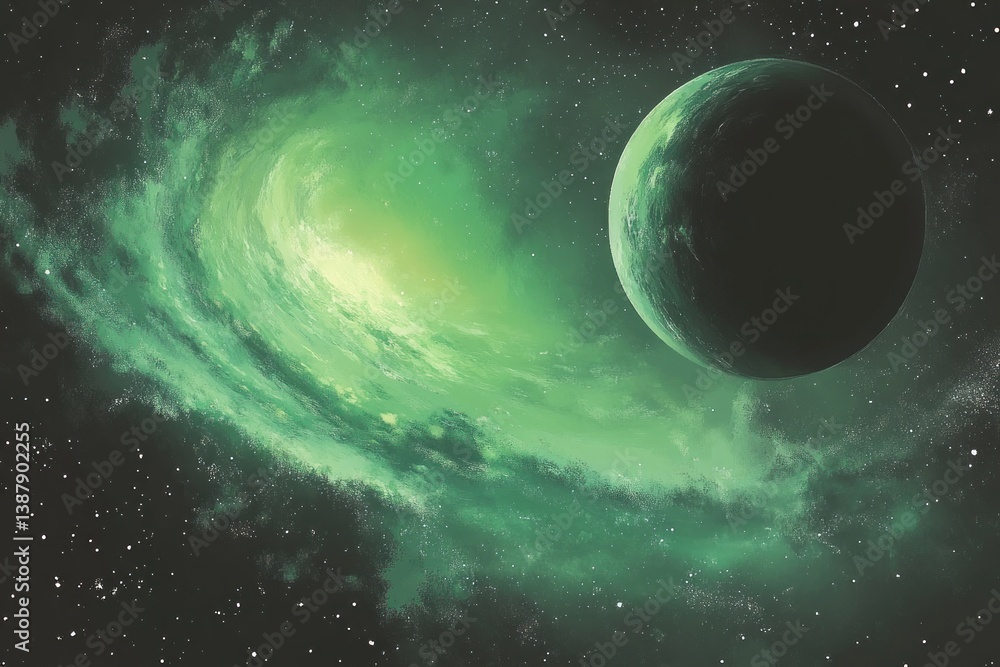 Obraz premium A distant planet floats among swirling cosmic nebulas and starlight