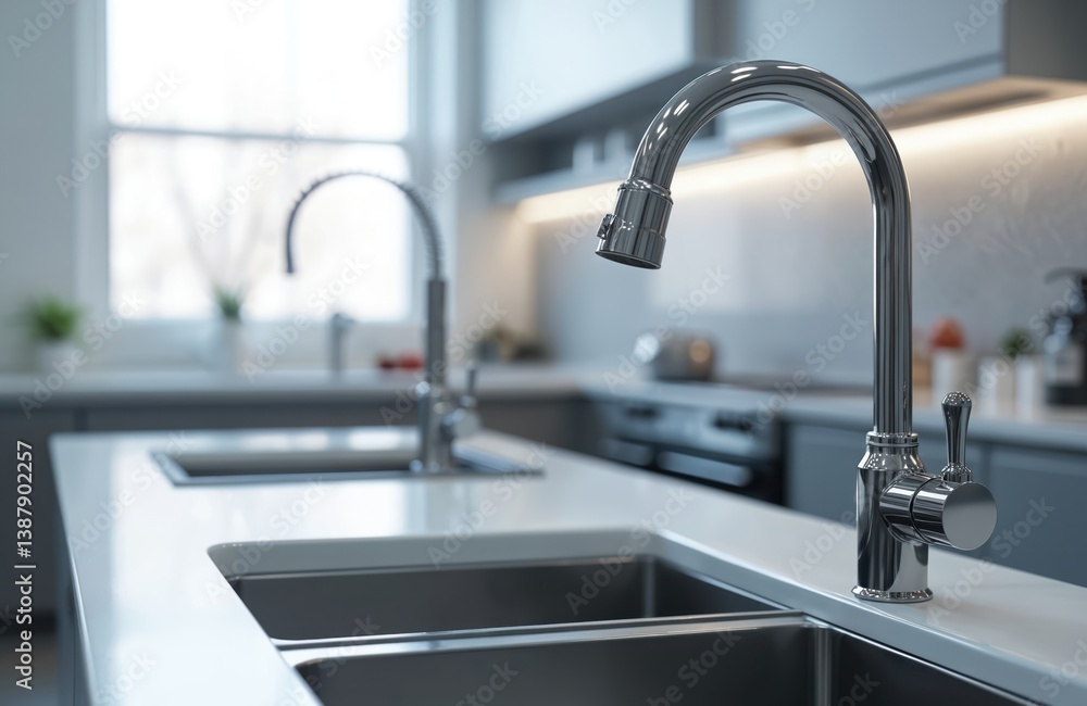 Modern kitchen interior with stainless steel sink faucet. Chrome hardware on white countertop. Clean, shiny, modern bathroom, kitchen decor. New home appliance detail, plumbing design, sanitary ware. Modern kitchen interior with stainless steel sink faucet. Chrome hardware on white countertop. Clean, shiny, modern bathroom, kitchen decor. New home appliance detail, plumbing design, sanitary ware.
