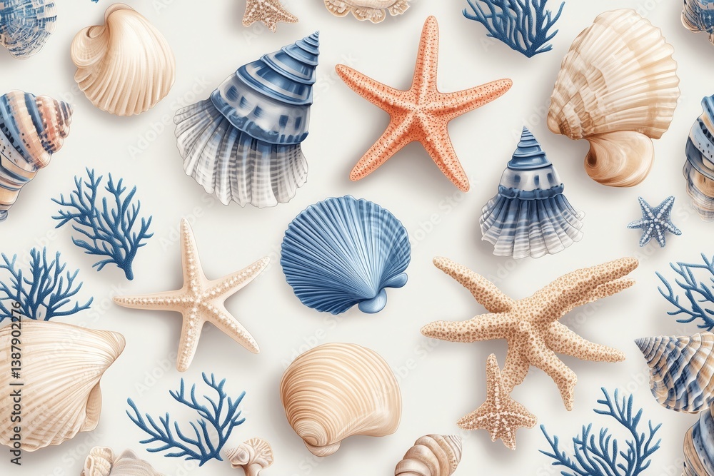 Colorful seashells and starfish arranged on a light background, perfect for summer and beach-themed designs.
Colorful seashells and starfish arranged on a light background, perfect for summer and beach-themed designs.