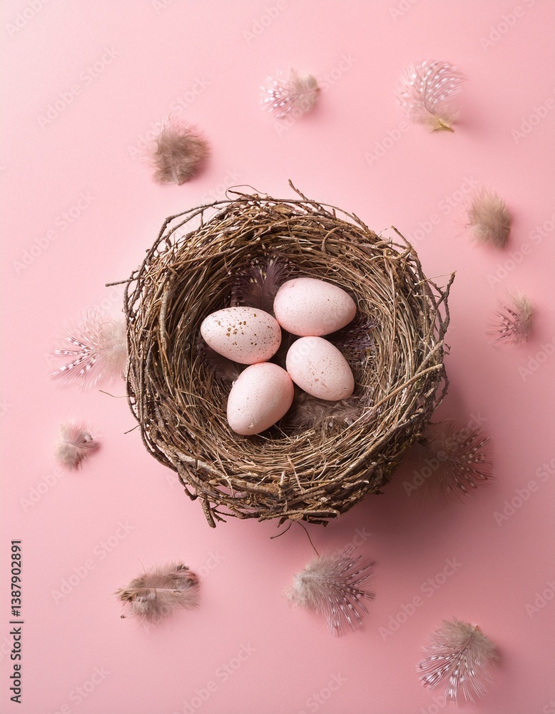 Fototapeta premium Bird Nest with Eggs on light pink Background