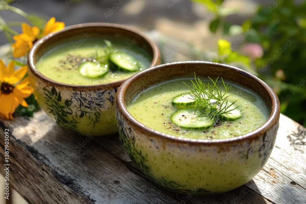 Two bowls of cucumber soup garnished with cucumber slices and dill on a wooden surface outdoors Two bowls of cucumber soup garnished with cucumber slices and dill on a wooden surface outdoors