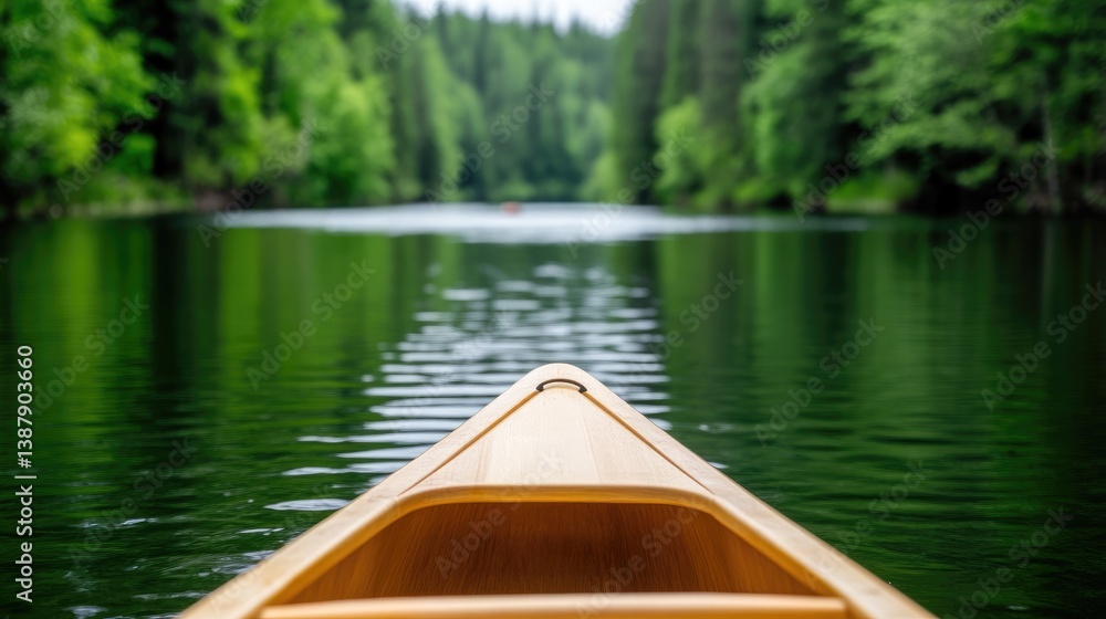 Fototapeta premium A wooden canoe glides on a calm river. Lush green trees line the banks, creating a serene landscape. The image is high-resolution, with natural lighting, showcasing a peaceful mood. Warm tones domina