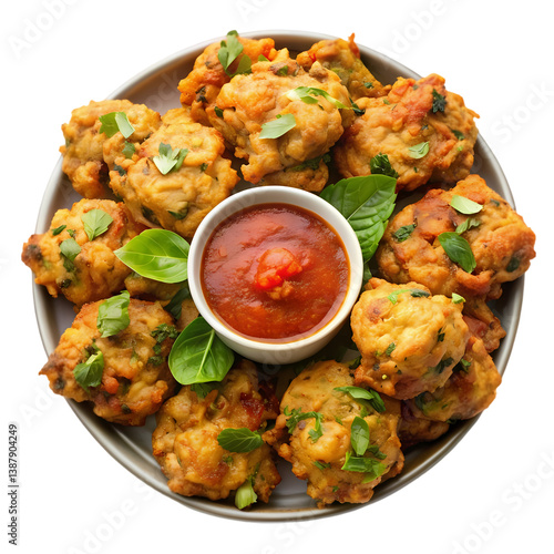Crispy Corn Fritters with Spicy Sauce isolated on transparent background