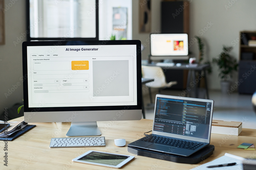 Workplace of modern designer or software developer with group of computing equipment in coworking space