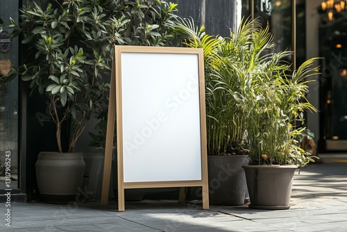 Blank white outdoor advertising stand or sandwich board mockup template. Clear street signage board placed by some pots of plants. Background texture of standee at the entrance of shop or building
