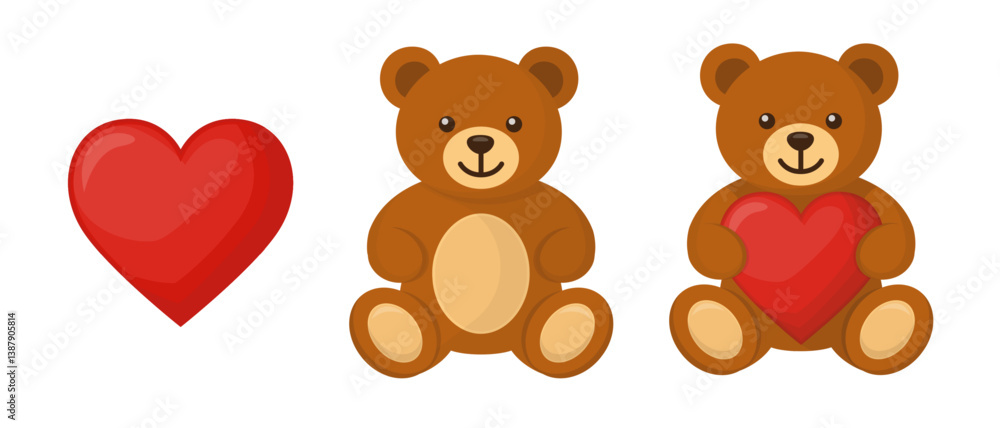 Red Heart and Cute Teddy Bears, One Holding a Heart Red Heart and Cute Teddy Bears, One Holding a Heart