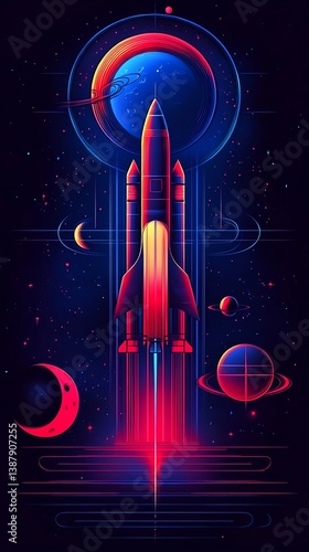 Colorful neon rocket blasting off in stylized design for World Space Week poster
