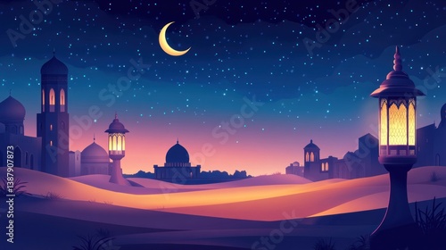 Night scene of desert city with crescent moon, stars, and illuminated mosques.