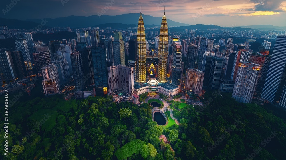 Obraz premium Dramatic aerial view of Kuala Lumpur's skyline with Petronas Towers and park below. Ideal for travel, architecture, and urban lifestyle.