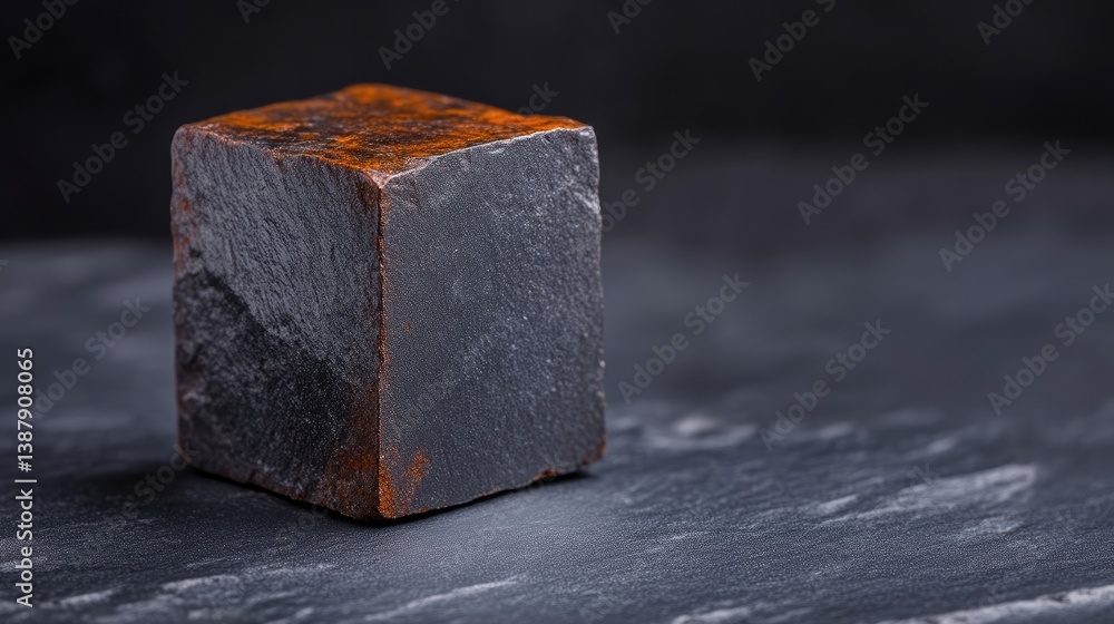 Dark grey block of stone with rust-colored stains Dark grey block of stone with rust-colored stains