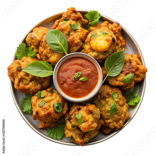 Crispy Onion Bhajis with Spicy Dip isolated on transparent background