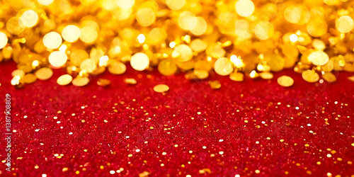 Festive golden glitter confetti on a deep red background. Perfect for holiday invitations, party decorations or any holiday project.