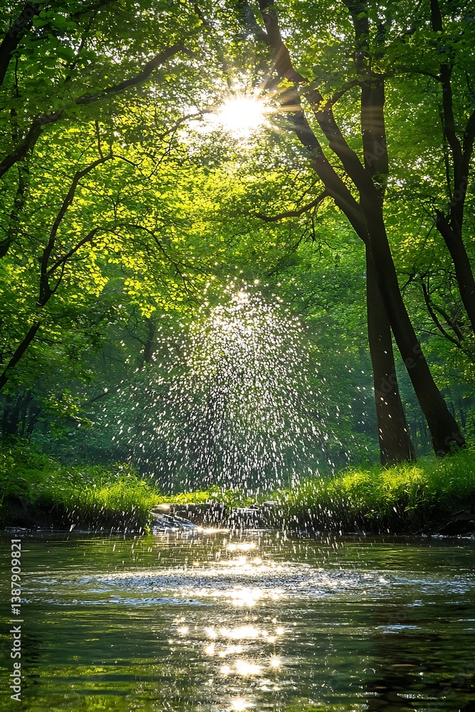 Obraz premium Sunlight streams through forest over creek