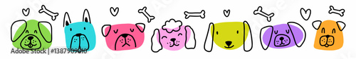 Horizontal collection of different dog faces, hand drawn in doodle style