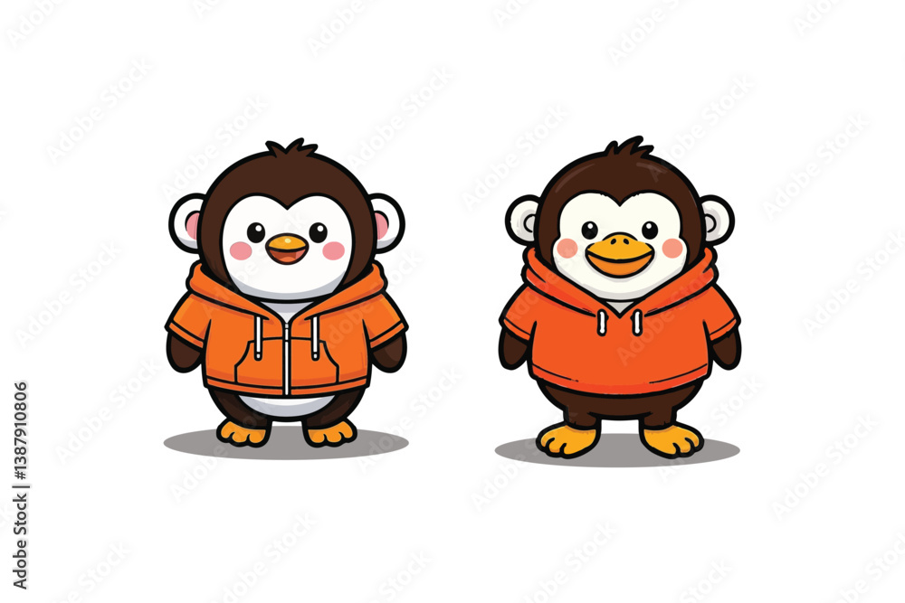Obraz premium Adorable Cartoon Penguins in Cozy Orange Hoodies: Cute and Playful Animal Characters for Merchandise, Kids' Apparel, and Branding