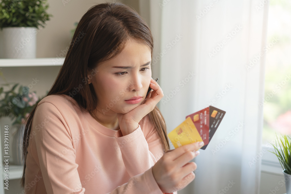 Debt and finance loan concept, Stressed woman holding a mock-up credit card and has an anxious facial expression. Debt and finance loan concept, Stressed woman holding a mock-up credit card and has an anxious facial expression.