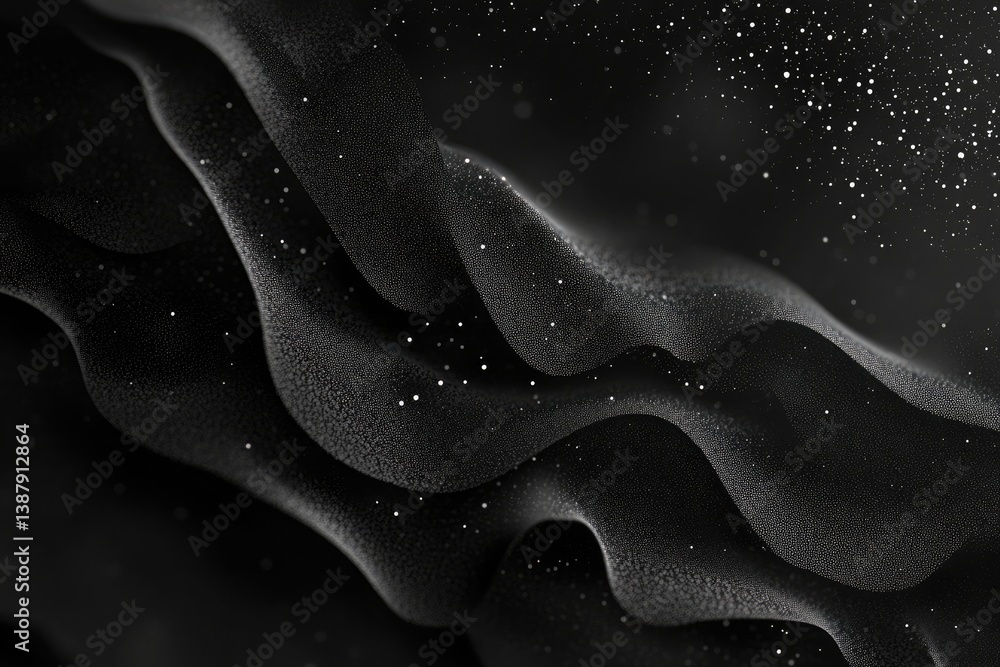 A black and white abstract image of flowing shapes with scattered white dots in the background A black and white abstract image of flowing shapes with scattered white dots in the background