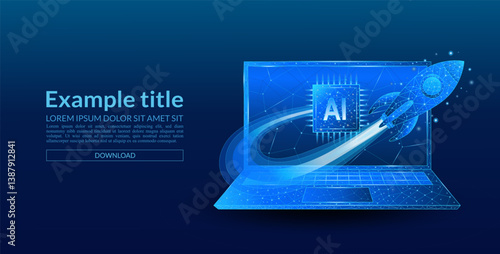 AI chip-powered rocket on a technological blue digital laptop screen. Abstract digital technological innovation background. Digital computer processor in technological blue