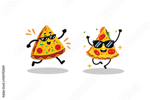 Dancing Pizza Slices: Fun Cartoon Characters with Sunglasses, Playful Vector Illustration with Sparkles on White Background, Food Art Design.