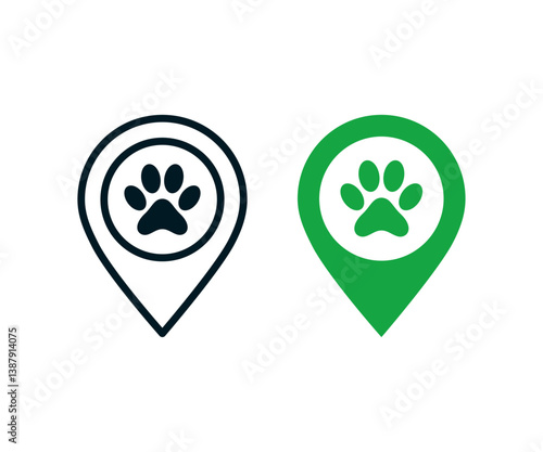 Pet tracker icon. Pet location pin icon. Map marker with dog paw print icon