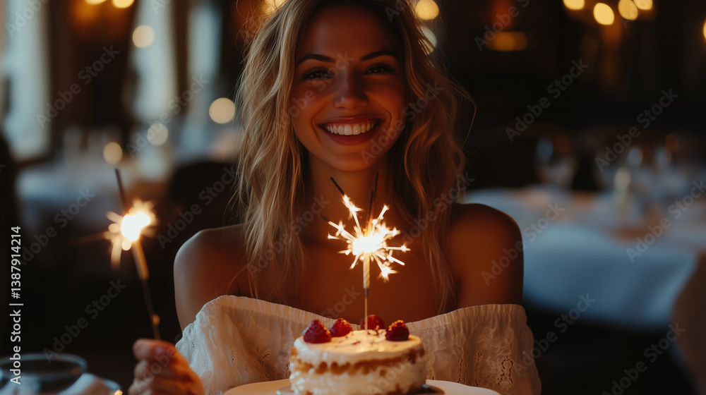 a woman celebrating her birthday at a fancy restaurant, a sparkler candle on her dessert a woman celebrating her birthday at a fancy restaurant, a sparkler candle on her dessert