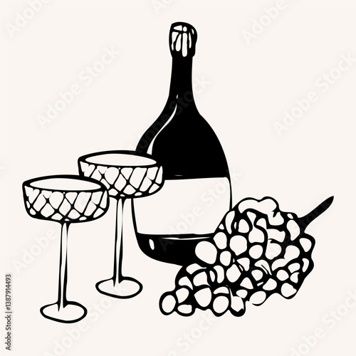 Hand drawn outline dinner vector composition with wine bottle, glasses and grapes. illustration in sketch whimsical line art style. For menu design, label, packaging, kitchen decor, engraving projects