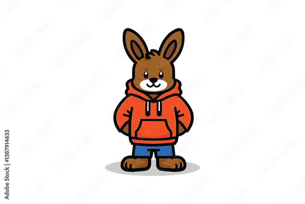 Hooded Rabbit Charm: Cartoon Character with Big Ears and Orange Apparel, Standing Adorably on White, Vector Illustration with Friendly Smile. Hooded Rabbit Charm: Cartoon Character with Big Ears and Orange Apparel, Standing Adorably on White, Vector Illustration with Friendly Smile.