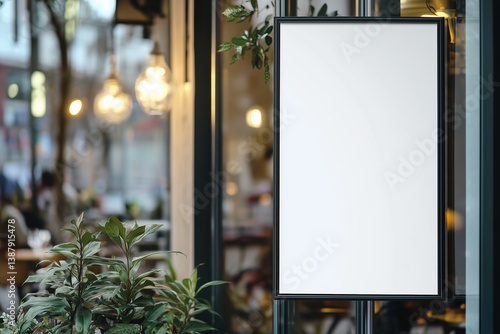 Poster promotion design mockup. Vertical empty white blank paper advertising banner frame template mock up displayed on the front of cafe bar restaurant or coffee shop window glass