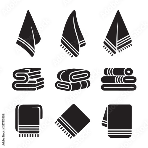  Silhouettes of hanging and folded towels in various shapes and sizes – minimalist black vector illustration of bathroom and kitchen towel icons for cleaning, hygiene, and household design