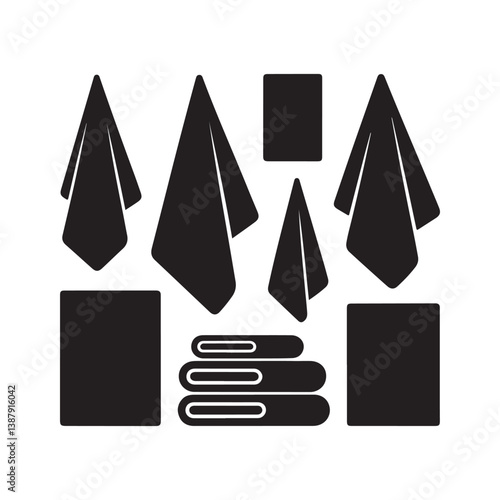  Silhouettes of hanging and folded towels in various shapes and sizes – minimalist black vector illustration of bathroom and kitchen towel icons for cleaning, hygiene, and household design