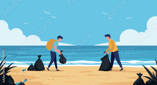 People picking up trash on sandy beach with blue sea background. World Environment Day