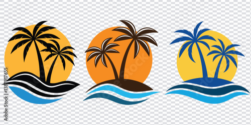 Three Tropical Island Logos with Sunset Backgrounds