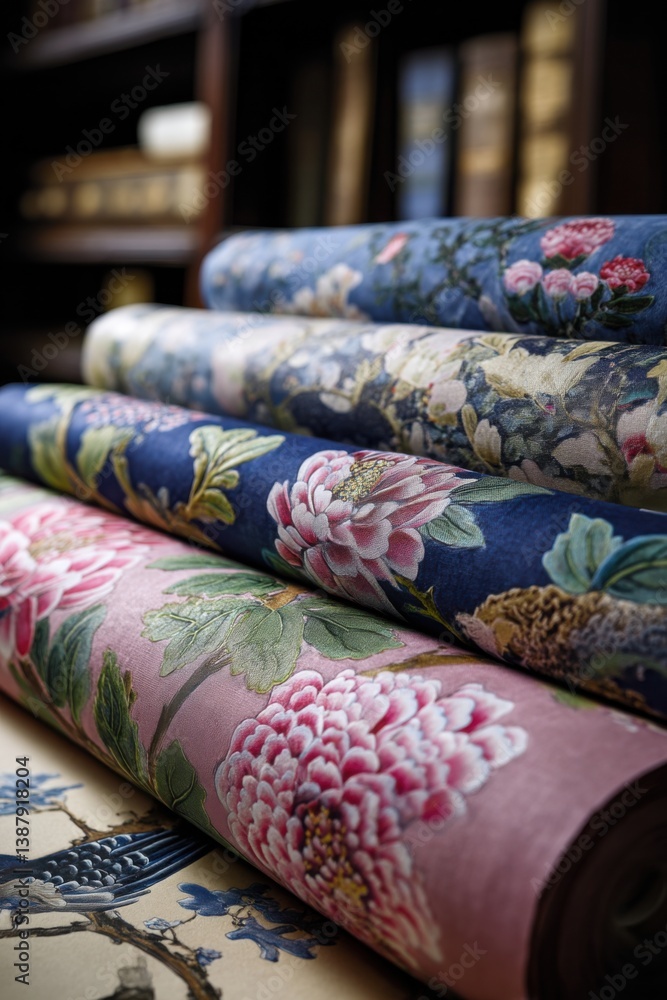 Fototapeta premium Colorful floral hand-painted textiles showing peonies and birds resting on a table