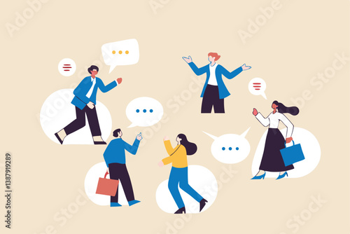 Conversation or business discussion, meeting, talk or chat together, group talk or communication dialog, message or speaking concept, business people coworker having conversation on speech bubble.