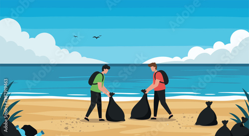 People picking up trash on sandy beach with blue sea background. World Environment Day