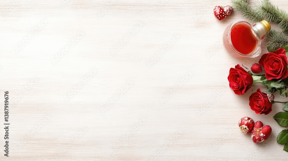 Red roses and a small bottle of red liquid rest on a light wood surface. Heart-shaped ornaments and pine sprigs add to the romantic arrangement. The image is high quality with good lighting, creatin Red roses and a small bottle of red liquid rest on a light wood surface. Heart-shaped ornaments and pine sprigs add to the romantic arrangement. The image is high quality with good lighting, creatin