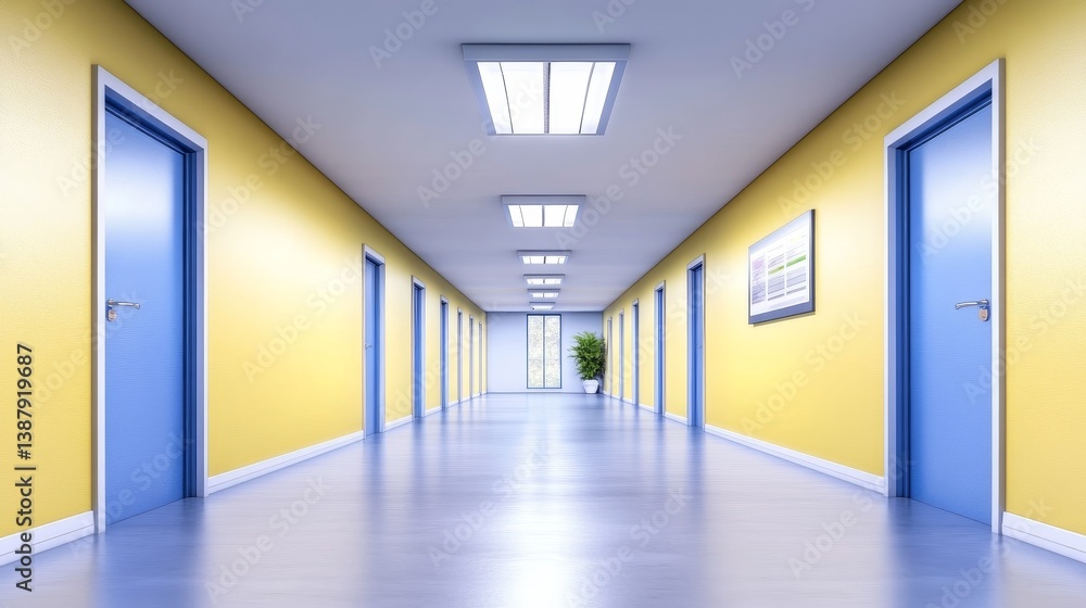 Fototapeta premium Long Corridor with Yellow Walls and Blue Doors - Modern architecture, minimalist design, clean lines, bright lighting, and tranquil atmosphere. Symbolizing efficiency, order, clarity, progress