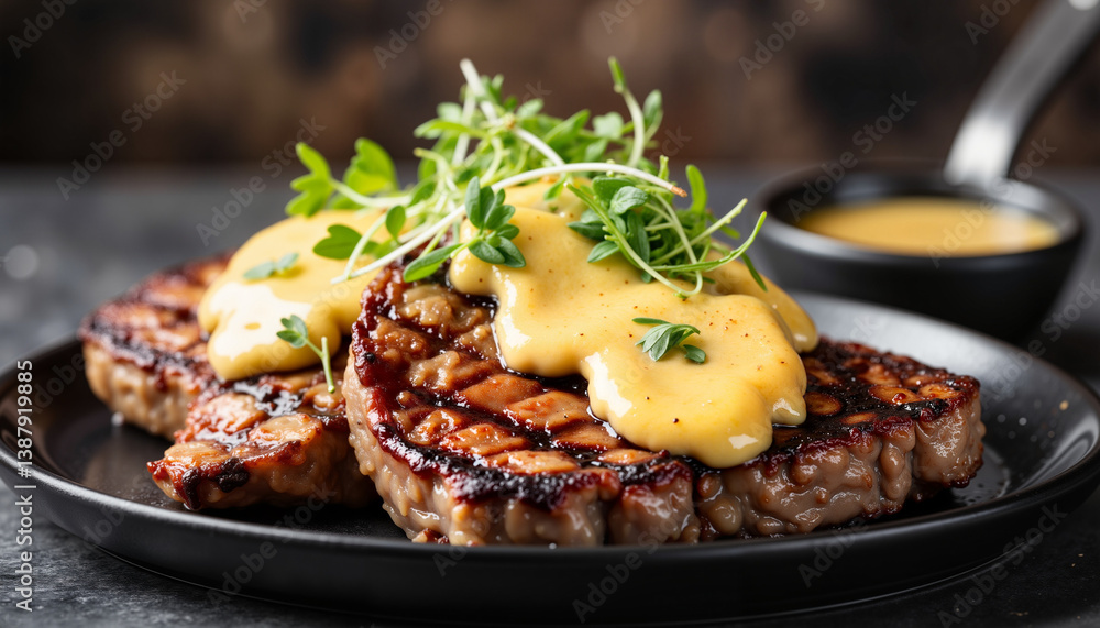 Grilled ribeye steak topped with béarnaise sauce, culinary delight Grilled ribeye steak topped with béarnaise sauce, culinary delight